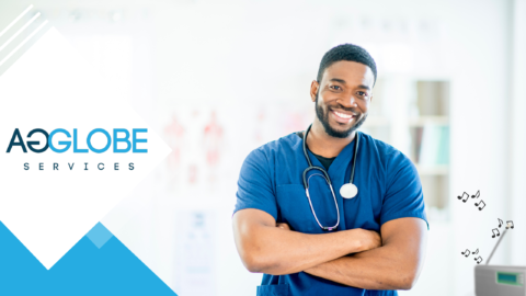 Smiling healthcare worker while listening to radio/music