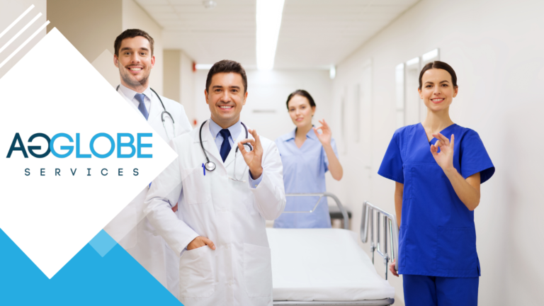 A picture of different healthcare workers inside a hospital lobby while smiling