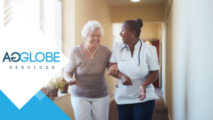 A healthcare worker with an old patient while smiling at each other