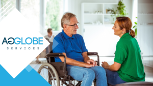 A picture of a social worker talking with an elderly patient